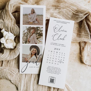 May include: Graduation party invitations featuring a photo collage and calendar. The invitations include the name "Olivia Clark", a calendar for July, and the text "grad CLASS OF 2023". The design is in neutral tones.