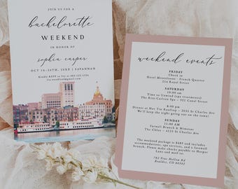 SAVANNAH Bachelorette Party Invitation Template, Watercolor Savannah Girls Trip Weekend and Itinerary Invite, Savannah Skyline Invite, 1658