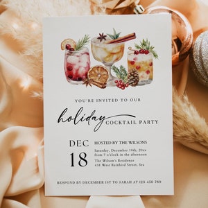 Sjabloon uitnodiging aquarel kerst cocktailparty, afdrukbare vakantie volwassen kerstfeest uitnodiging, feestelijk maken geesten helder, 1346