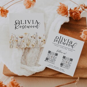 Bewerkbaar visitekaartje met QR-code, afdrukbare naamkaartsjabloon met bloemen, Instant Download, DIY-telefoonkaarten, Canva-sjabloon, H336