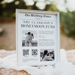 Carta di giornale moderno per luna di miele, codice QR dell’app Venmo Cash, segno di desiderio di matrimonio, modello Canva di segno di viaggio di nozze, download istantaneo, H998