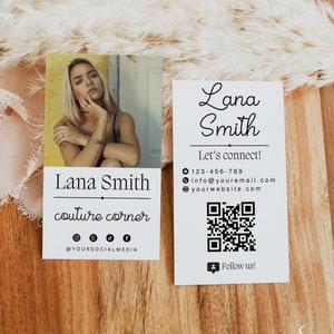 Bewerkbare minimalistische foto-visitekaartje met QR-code, moderne naamkaart, Instant Download, DIY afdrukbaar visitekaartje, Canva-sjabloon, H762