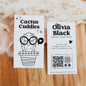Bewerkbare sjabloon voor visitekaartjes, DIY schattig succulent naamkaartontwerp, Instant Download, aangepast telefoonkaart, afdrukbare Canva-sjabloon CACTI