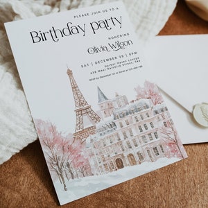 Faire-part de fête d'anniversaire hiver Paris modifiable, Tour Eiffel moderne bricolage, tout âge, invitation d'anniversaire, modèle de dîner surprise tendance 1301
