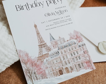 May include: A white invitation card with a watercolor illustration of the Eiffel Tower and a Parisian cityscape in the snow. The text on the card reads "Please join us to a Birthday party honoring Olivia Wilson, Sat | December 29 | 6PM, Harbor Haven Lounge, 438 West Rainbird Street, Sea, RSVP by December 1st to Sarah at 123-456-789".