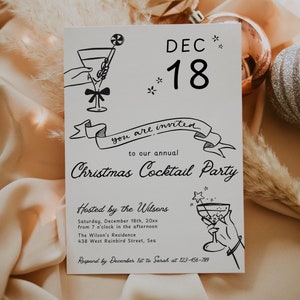 Grillige handgetekende kerst cocktailparty uitnodiging sjabloon, afdrukbare vakantie Krabbel stijl Xmas Party uitnodiging, feestelijke uitnodiging, 1337