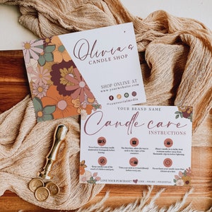 Plantilla de tarjeta para el cuidado de velas, tarjeta de agradecimiento comercial editable, tarjeta de instrucciones para velas con flor, Canva imprimible, tarjeta de inserción de paquete H100
