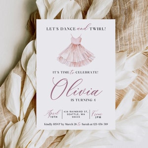 VIA Editable Ballerina Birthday Party Invitation, DIY Modern Ballet Dancer Girl Birthday Invite, Tutu Ballerina Dress Digital Template, H823