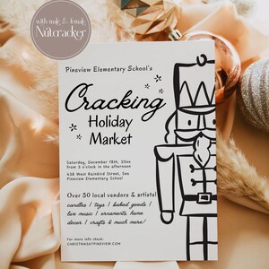 Modello di volantino del mercato disegnato a mano con lo Schiaccianoci, biglietto per evento pop-up di Natale, volantino per boutique, volantino del mercato degli agricoltori Sip and Shop, 1343