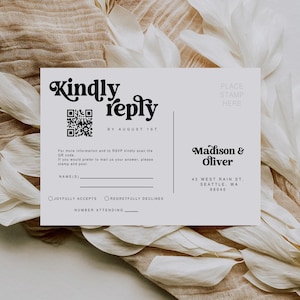 Cartão postal com resposta editável, modelo moderno de cartão de resposta para casamento com código QR, cartão RSVP para impressão, cartão de RSVP minimalista para casamento, Miray 1215