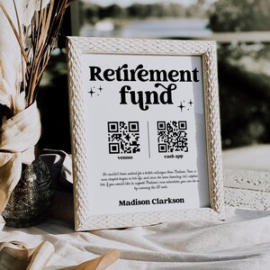 Bewerkbare QR-code tekensjabloon moderne pensioenviering, DIY trendy reisfondsbord, afdrukbare Cash-app Venmo Cash Future Fund, H987