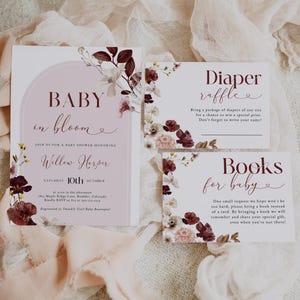 BABY IN BLOOM Baby Shower Invitation Template, Autumn Wildflower Baby Shower Invitation Suite, Burgundy Flower Baby Shower Decorations, 1629