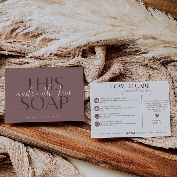 Handmade Soap Care Card Template, Editable Business Thank You Card, Custom Card Instructions, Canva Printable, DIY Package Insert Card, H050