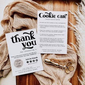 Modello modificabile per biglietto per la cura dei cookie, biglietto di ringraziamento per attività di panetteria, istruzioni per carte minimaliste, stampabile Canva, inserto pacchetto fai da te, H180