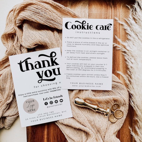 Editable Cookie Care Card Template, Bakery Business Thank You Card, Minimalist Card Instructions, Canva Printable, DIY Package Insert, H180