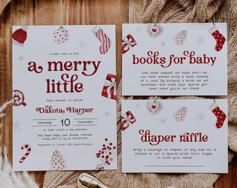 May include: A baby shower invitation suite with a Christmas theme. The invitation and inserts feature red and white watercolor illustrations of ornaments, stockings, and gifts. A gold wax seal and stamp are also present.