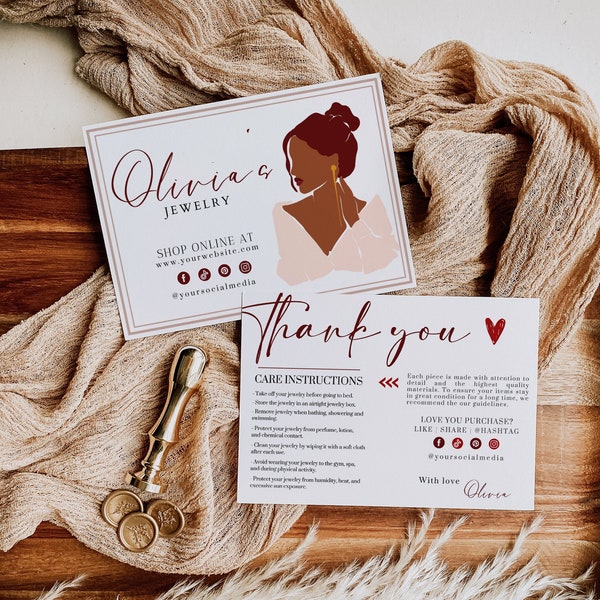 Editable Jewellry Care Card Template, Custom Business Thank You , Minimal Canva Printable, DIY Package Insert, Jewelry Insert Card, H116