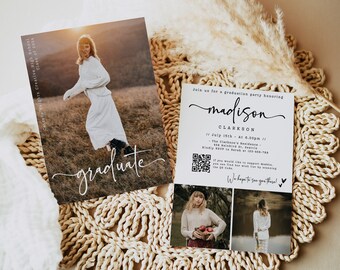 Editable QR Code Graduation Announcement Card, Trendy Senior Announcement Party Template, Modern Graduation Invitation Photo Graduation H944