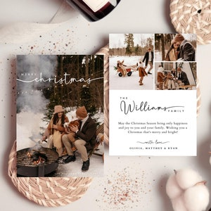 Bearbeitbare Boho-Weihnachtskarte, benutzerdefinierte Retro-Foto-Weihnachtskarten-Vorlage, moderne Familien-Weihnachtsfotokarte, frohe Feiertage, Karte, 1375