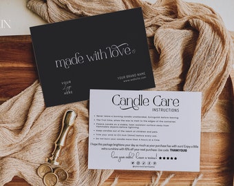 Candle Care Card Template, Editable Business Thank You Card, Modern Candle Instructions Card, Canva Printable, Package Insert Card, H303