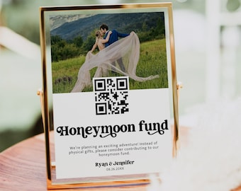 Editable Honeymoon Fund Sign, DIY Venmo QR Code Wedding Wish Sign, Wedding Sign Canva Template, Retro Sign, Instant Download, MIRAY H772