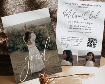 Editable QR Code Graduation Announcement Card, DIY Senior Announcement Party Template, Minimalist Graduation Invitation Photo Graduation 893