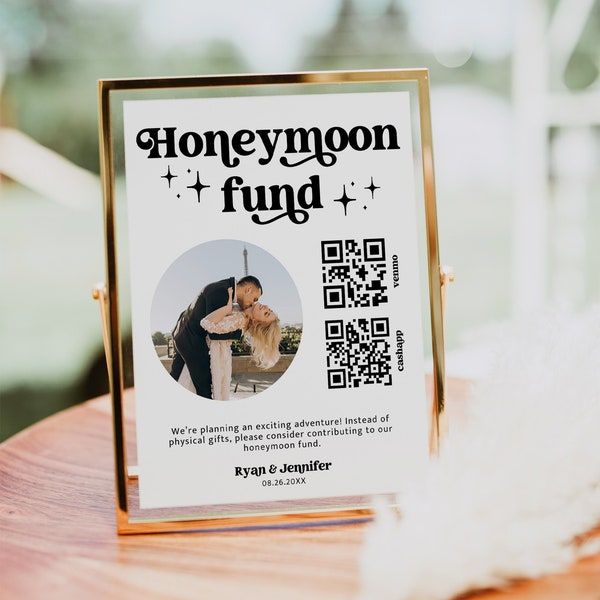 Editable Honeymoon Fund Sign, DIY Venmo QR Code Wedding Wish Sign, Wedding Sign Canva Template, Retro Sign, Instant Download, MIRAY H771