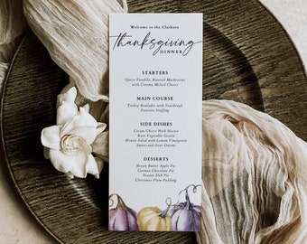 Pumpkin Thanksgiving Dinner Menu Template, DIY Autumn Dinner Menu, Minimalist Fall Printable Menu, Editable Simple Canva Reception Menu 1186