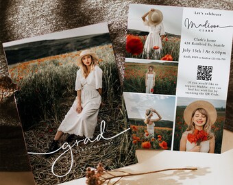Modern QR Code Graduation Announcement Card, Editable Senior Announcement Party Template, Trendy Graduation Invitation Photo Graduation H942