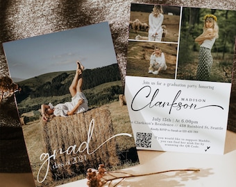 Trendy QR Code Graduation Announcement Card, Editable Senior Announcement Party Template, Modern Graduation Invitation Photo Graduation H943
