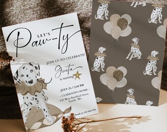 Dalmatian Pawty Birthday Invitation, DIY 1st Birthday Invite, Modern Surprise Birthday Party Invites, Cute Boho Dog Birthday Template, H955