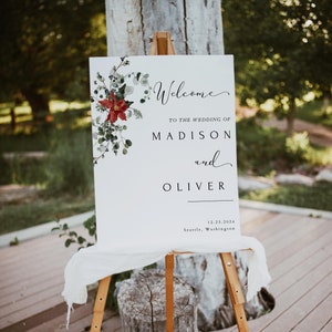 Plantilla de letrero de boda de invierno y Navidad, póster de bienvenida a nuestra boda imprimible y moderno, letrero de renovación de votos minimalista editable / Rye 1230