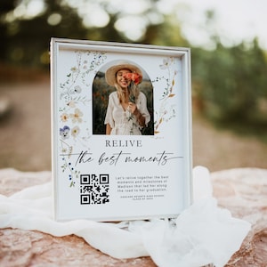 Bewerkbare College Video Montage Sign-sjabloon, DIY Grad Party QR Code Sign, Memory Share Printable, High School Graduation Table Sign H957