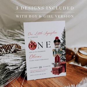 Convite editável para festa de aniversário de Natal quebra-nozes, convite de primeiro aniversário DIY Winter Wonderland, modelo de rei rato de férias, H1327