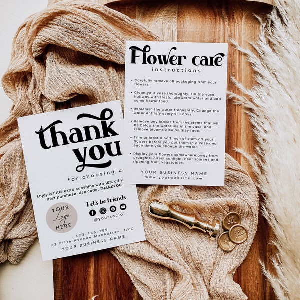 Editable Florist Care Card Template, Minimalist Flowers Care Instructions, Custom Fresh Bouquet Care Note, DIY Enclosure Blooms Care , H179