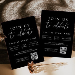 Modelo de convite de negócios moderno, convite para evento especial com código QR preto DIY, modelo de convite para histórias IG, convites com texto de código de barras, H910