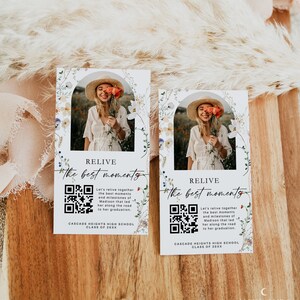 Bewerkbare College Video Montage kaartsjabloon, DIY foto Grad Party QR Code invoegen, geheugen delen, afdrukbare middelbare school afstuderen, H958