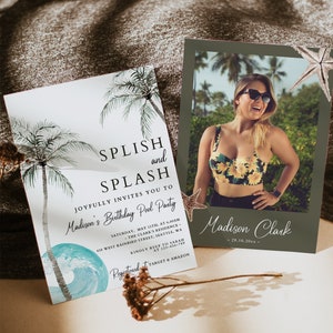 Invitación editable a fiesta de cumpleaños en la piscina, invitación de cumpleaños tropical para adultos DIY, invitaciones de cumpleaños sorpresa digitales, plantilla de cumpleaños en el océano H907