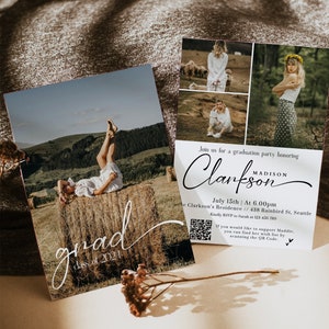 Tarjeta de anuncio de graduación con código QR de moda, plantilla de fiesta de anuncio para personas mayores editable, foto de invitación de graduación moderna H943