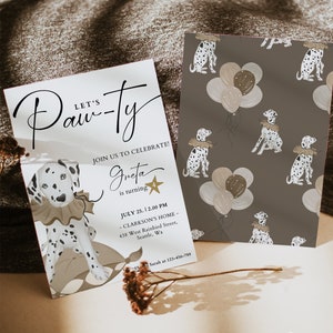 Dalmatiner Pawty Geburtstagseinladung, DIY 1. Geburtstagseinladung, moderne Überraschungs-Geburtstagsparty-Einladungen, süße Boho-Hund-Geburtstagsvorlage, H955