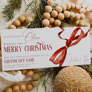 Modelo de certificado de presente personalizado de Natal com fita vermelha editável, cartão de presente festivo faça você mesmo, modelo de certificado de presente Canva para impressão, 1406
