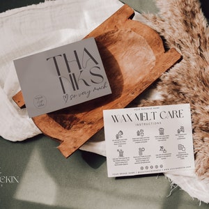 Plantilla de tarjeta de cuidado de cera derretida, tarjeta de agradecimiento comercial editable, tarjeta de instrucciones de tarta de cera moderna, imprimible en Canva, tarjeta de inserción de paquete H373