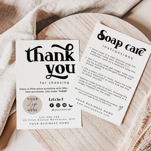 Handgemaakte zeep zorg kaartsjabloon, bewerkbare zakelijke dank u kaart, aangepaste kaartinstructies, Canva afdrukbaar, DIY pakket insteekkaart, H661