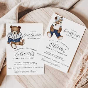 Invitación editable de cumpleaños de oso mínimo, invitación de oso de peluche DIY Beary 1er cumpleaños bebé niño y niña, plantilla de oso de peluche de cualquier edad, H827