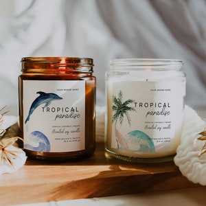 Etiqueta editável de vela de verão, modelo Canva personalizável, adesivo comercial tropical DIY, download instantâneo, etiqueta de produto de luxo de praia, H775