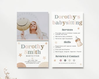 Editable Boho Babysitter Business Card, Minimalist Babysitting Name Card, Instant Download, DIY Printable Contact Card, Canva Template, H802