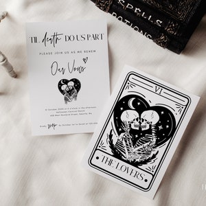 Plantilla de invitación de renovación de voto de carta de tarot editable, invitación divertida de bricolaje de Halloween The Lovers, invitaciones de aniversario de boda góticas, 1135