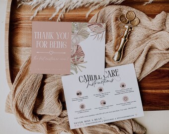 Candle Care Card Template, Editable Business Thank You Card, Candle Instructions Card, Canva Printable, Spring Package Insert Card, H049