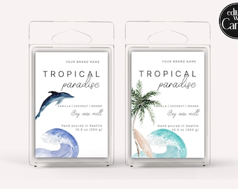 Editable Tropical Summer Wax Melt Label Template, DIY Beach Modern Wax Tart Sticker, Waxtart Label Design, Instant Download, Canva Label 903