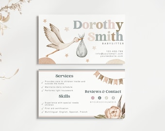 Editable Boho Babysitter Business Card, Minimalist Babysitting Name Card, Instant Download, DIY Printable Contact Card, Canva Template, H806